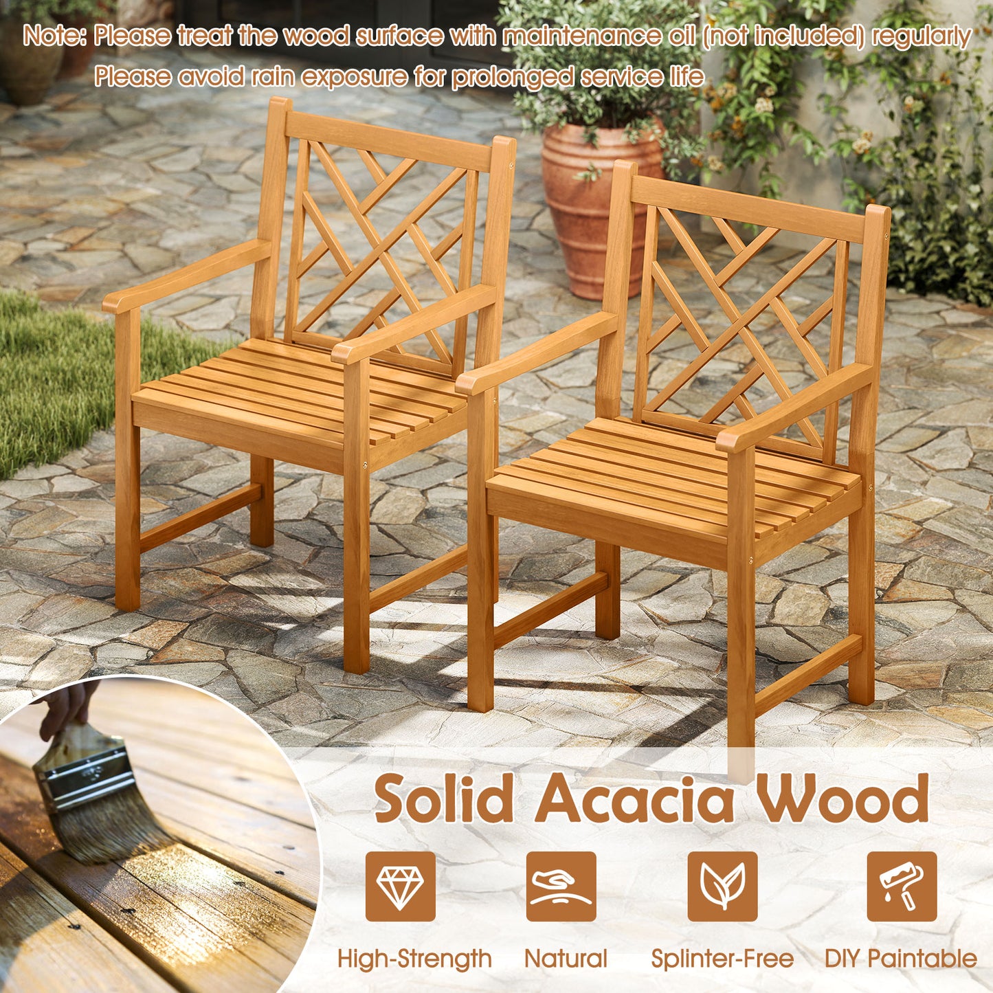 Acacia Wood Outdoor Dining Chairs with Cross-Pattern Backrest
