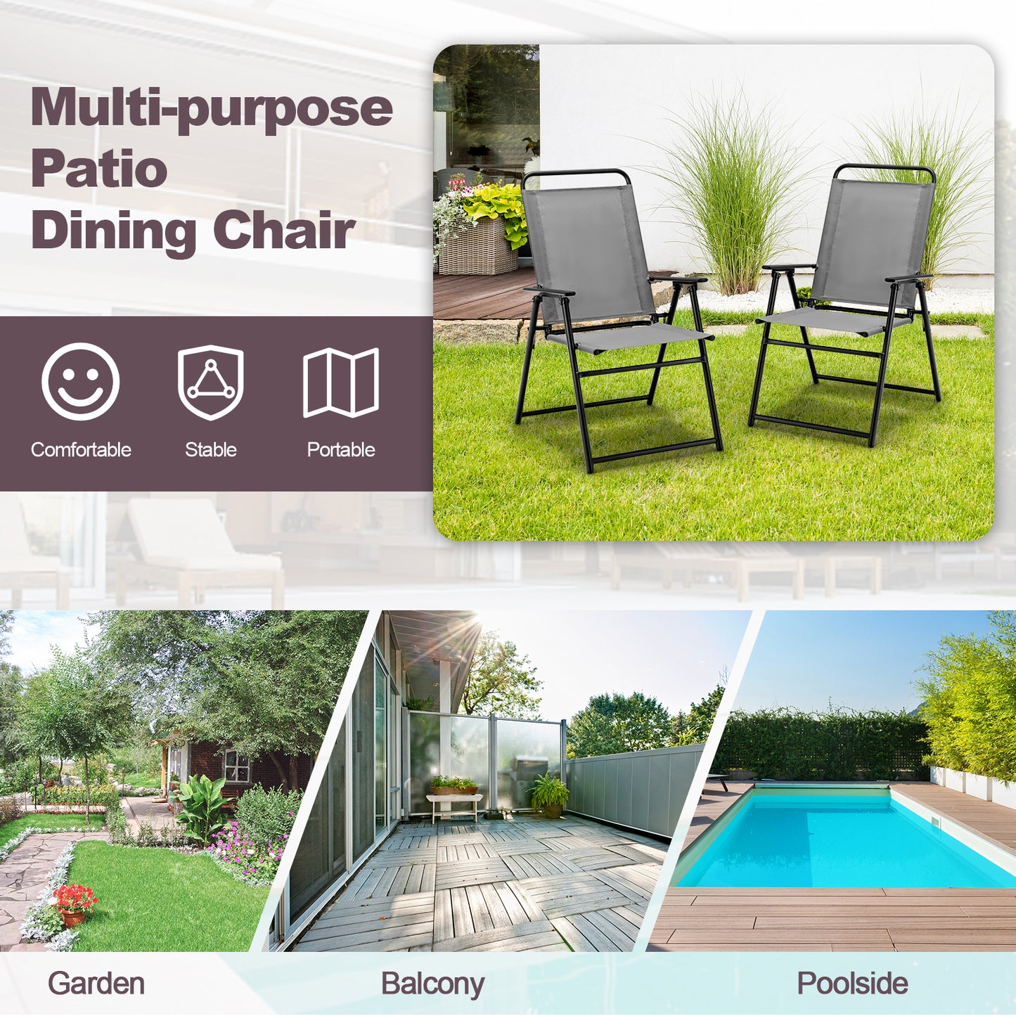 Folding Sling Patio Chairs Set of 2 with Armrests