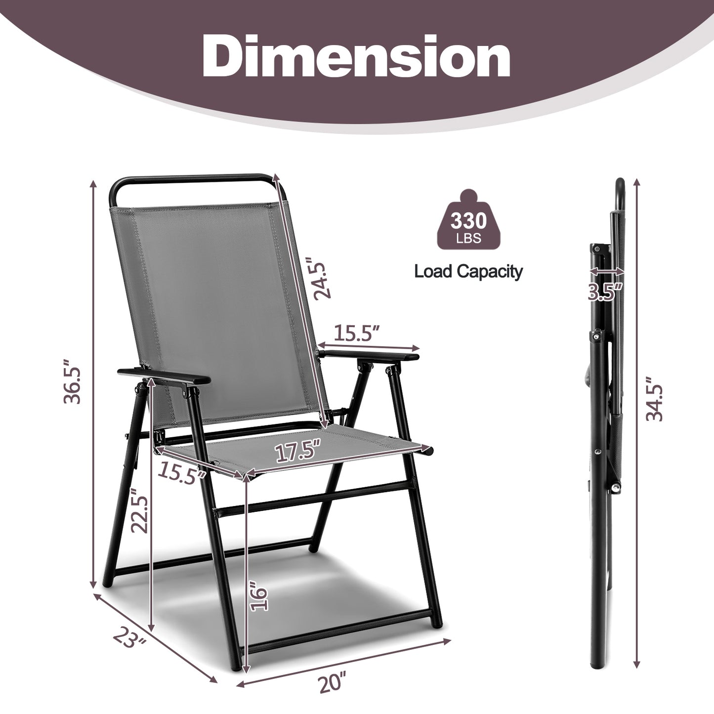 Folding Sling Patio Chairs Set of 2 with Armrests
