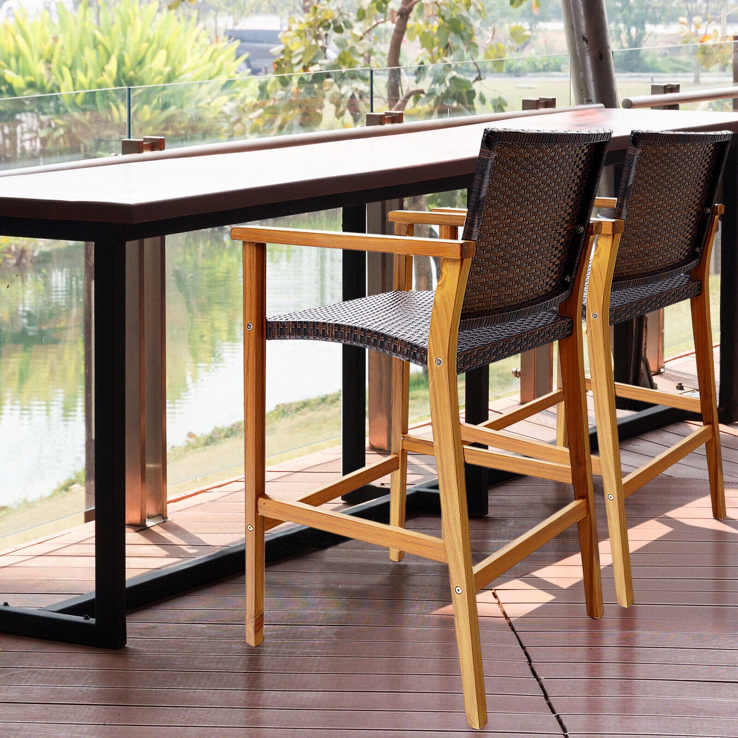 PE Wicker Patio Bar Chairs with Acacia Wood Armrests, Set of 2