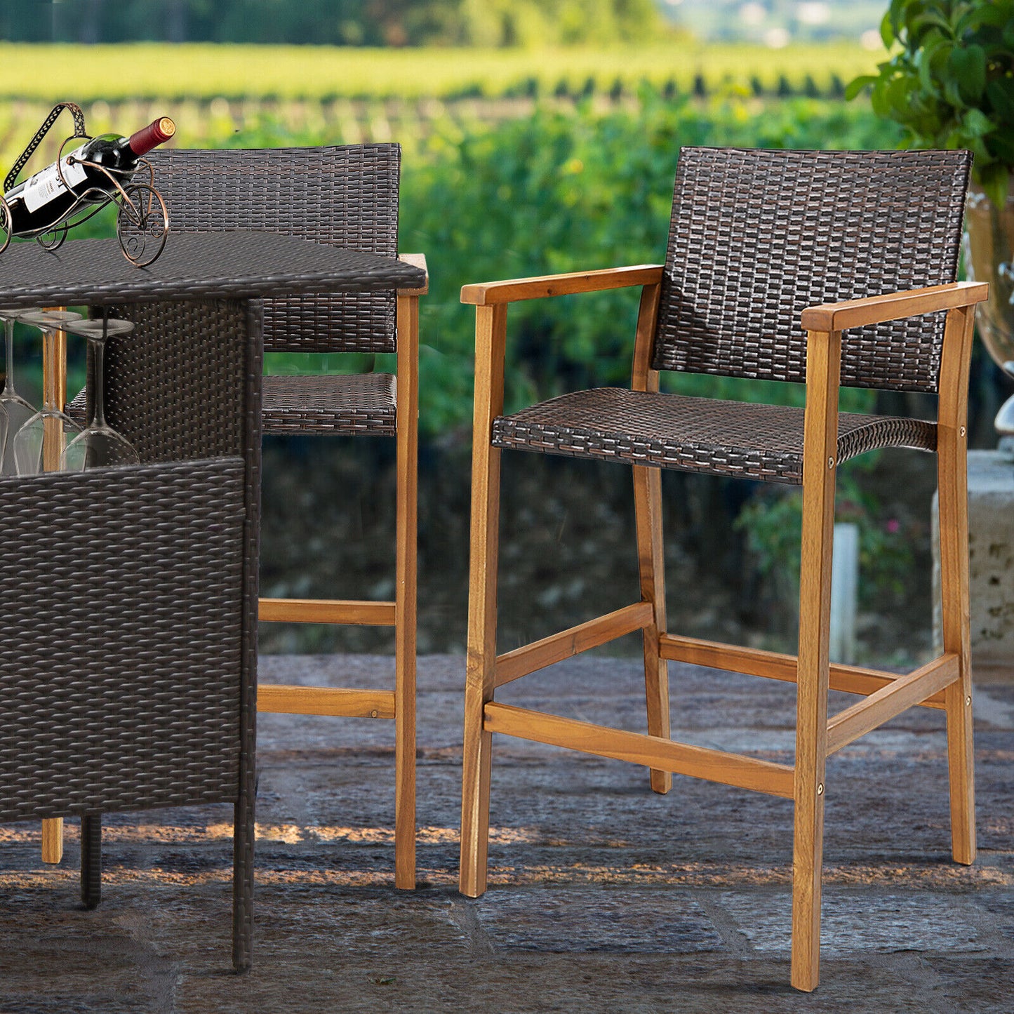 PE Wicker Patio Bar Chairs with Acacia Wood Armrests, Set of 2