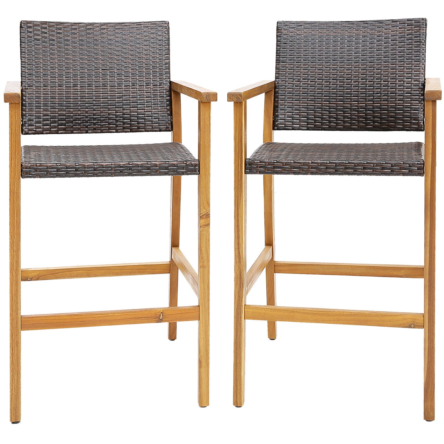 PE Wicker Patio Bar Chairs with Acacia Wood Armrests, Set of 2