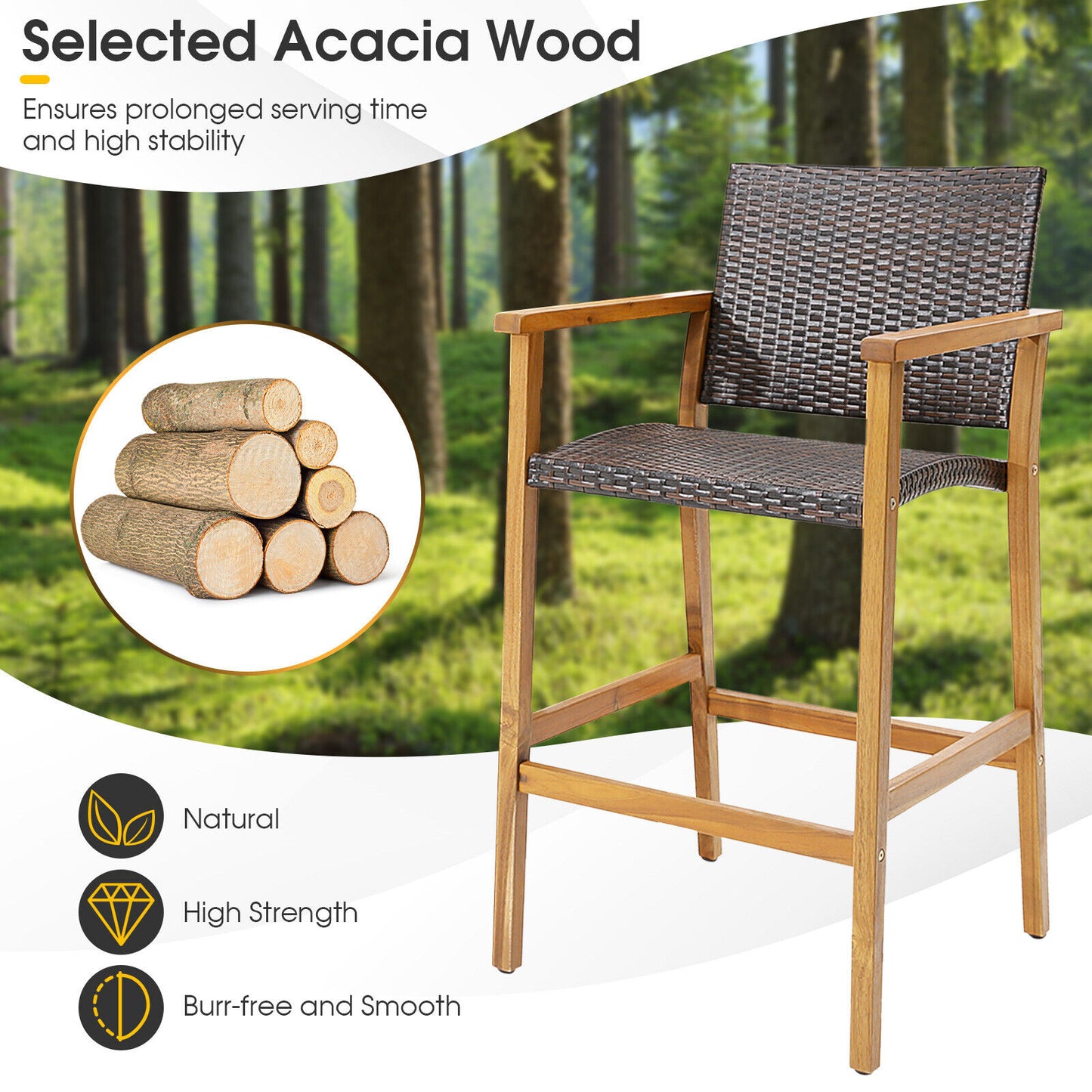 PE Wicker Patio Bar Chairs with Acacia Wood Armrests, Set of 2