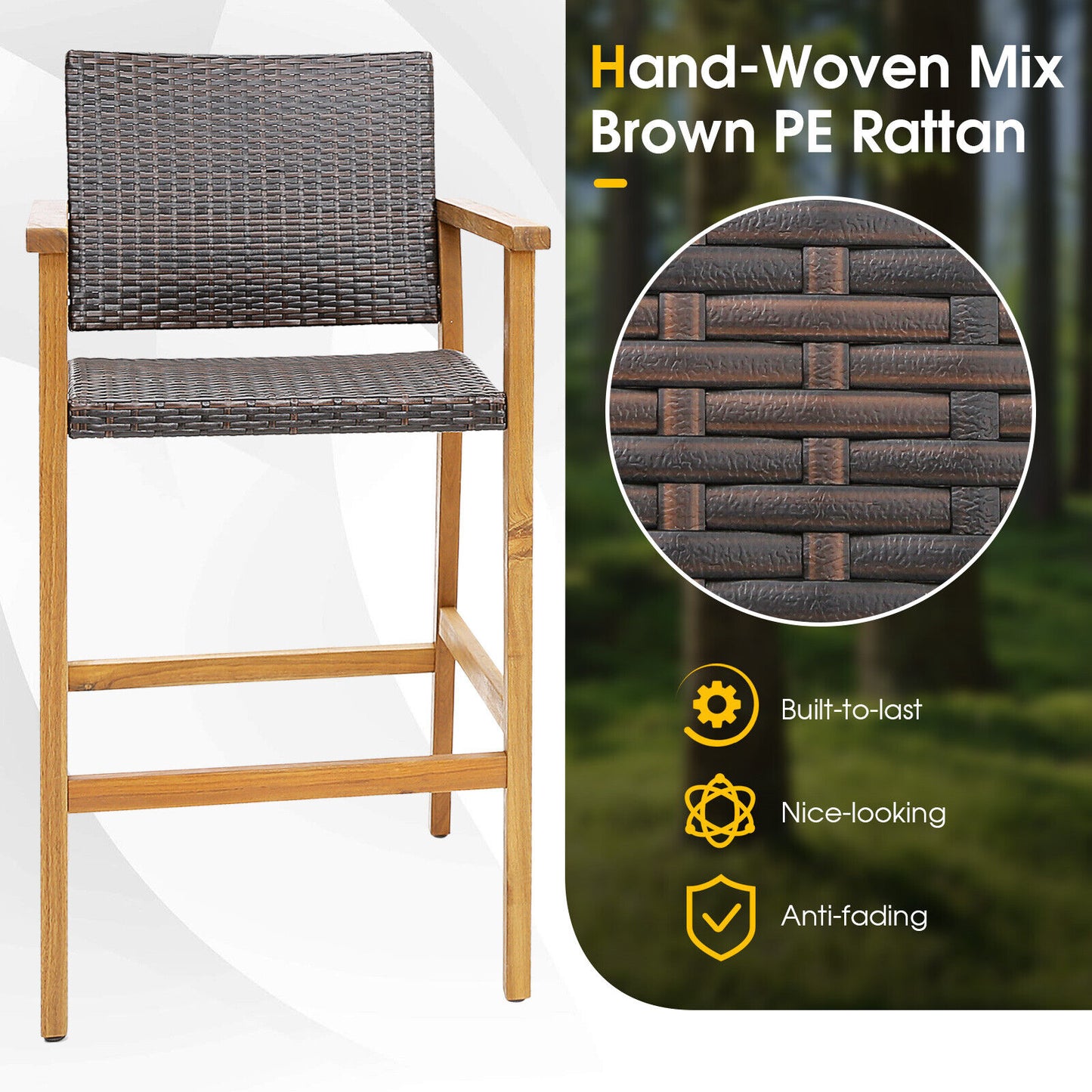 PE Wicker Patio Bar Chairs with Acacia Wood Armrests, Set of 2