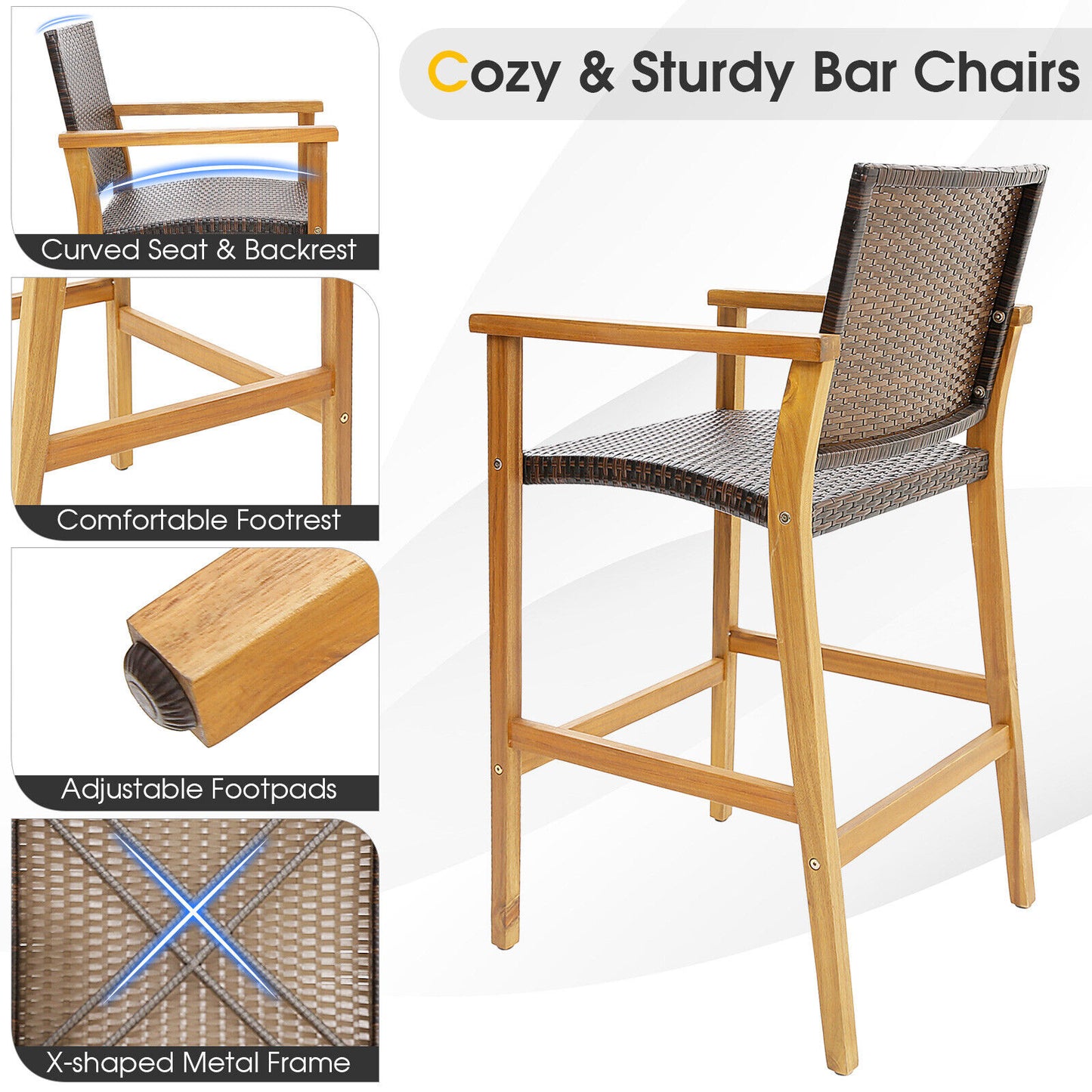 PE Wicker Patio Bar Chairs with Acacia Wood Armrests, Set of 2