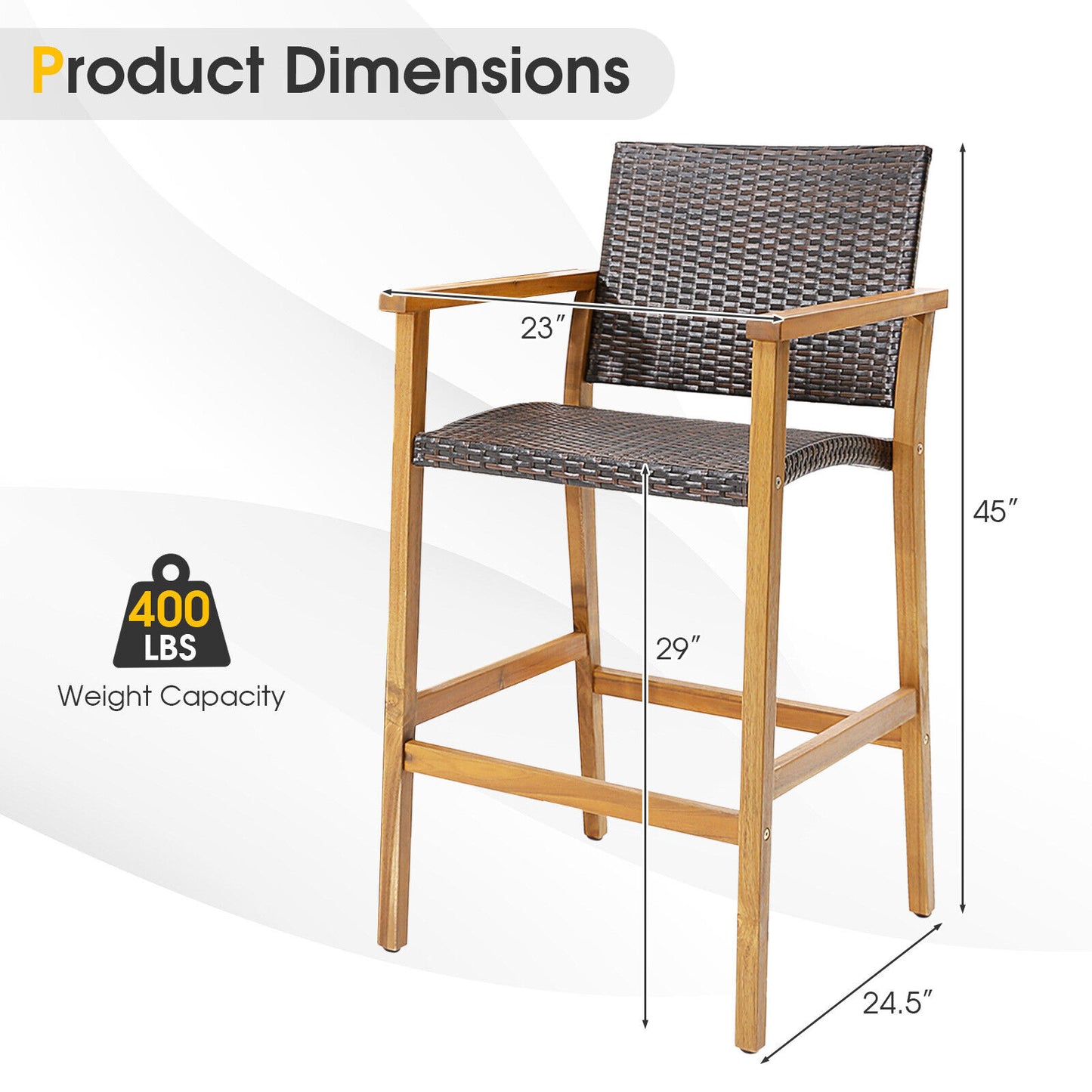 PE Wicker Patio Bar Chairs with Acacia Wood Armrests, Set of 2