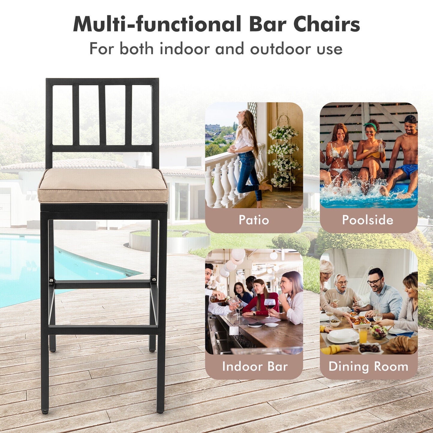 Patio Bar Chairs Set of 2 with Cushion and Footrest