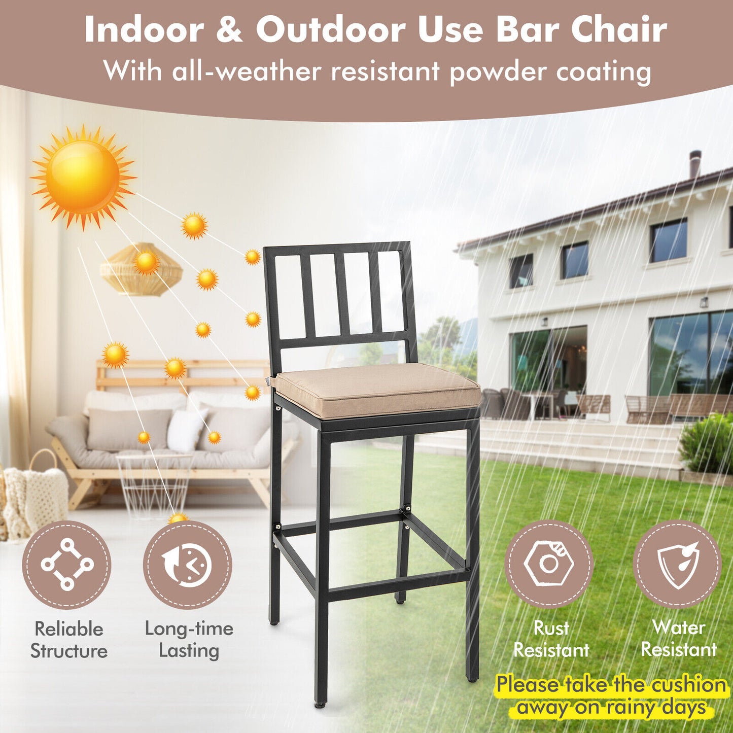 Patio Bar Chairs Set of 2 with Cushion and Footrest