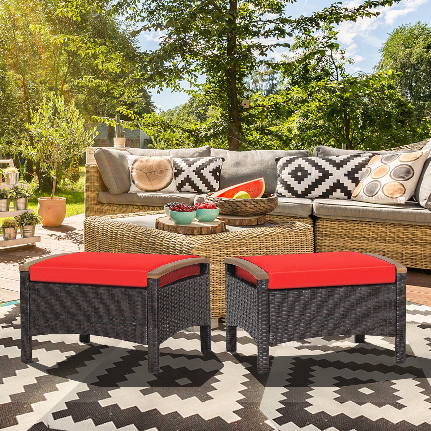 Wicker Patio Ottoman Set of 2 with Cushions - Mix Brown