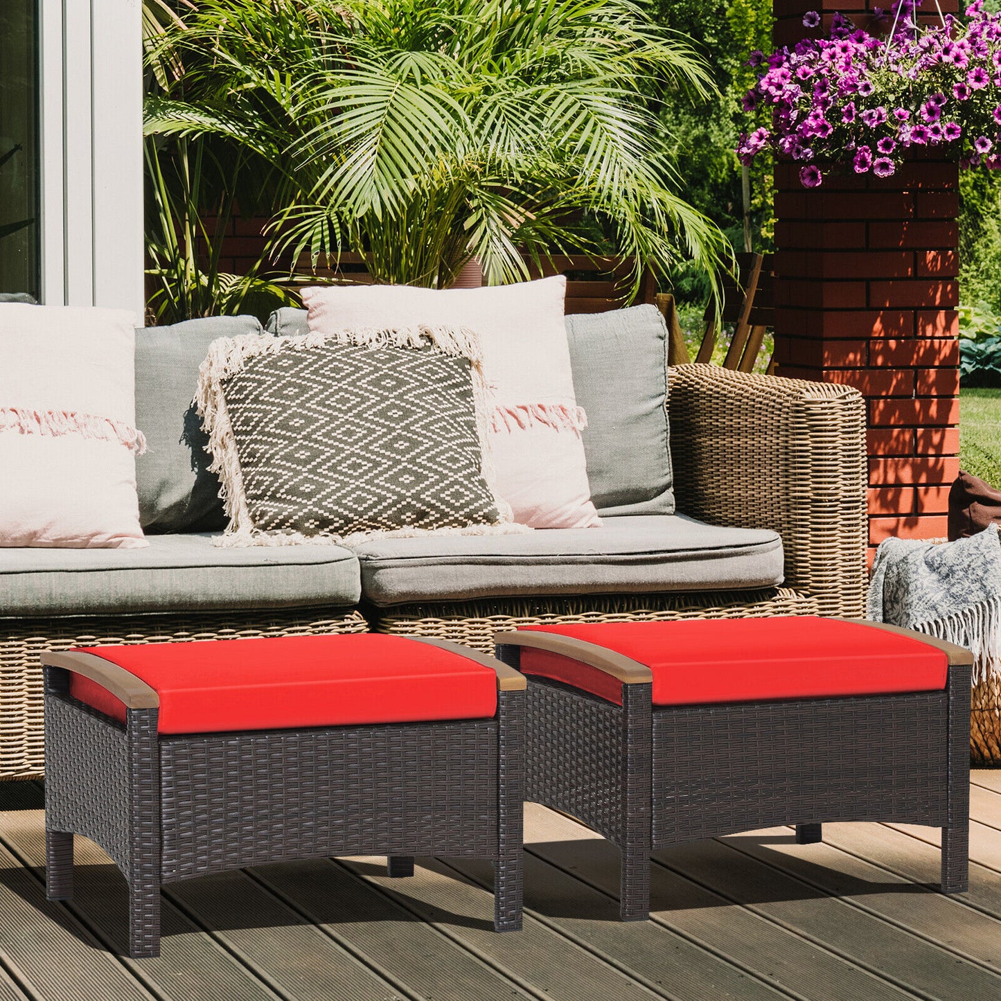 Wicker Patio Ottoman Set of 2 with Cushions - Mix Brown