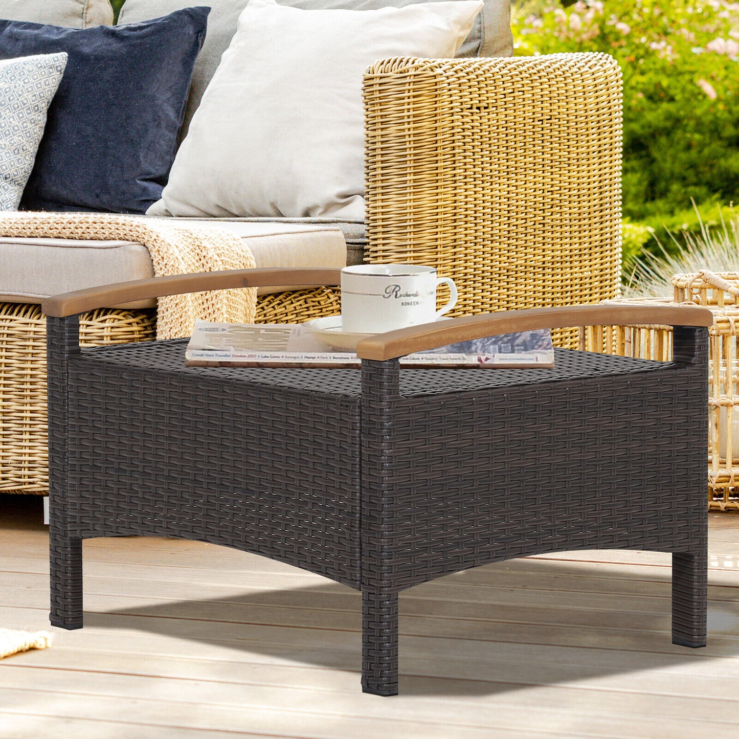 Wicker Patio Ottoman Set of 2 with Cushions - Mix Brown