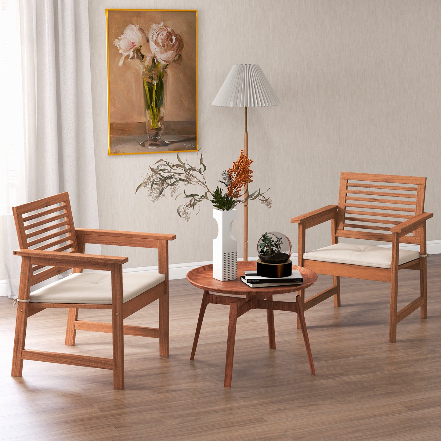 Solid Wood Patio Dining Chairs with Cushions, Set of 2