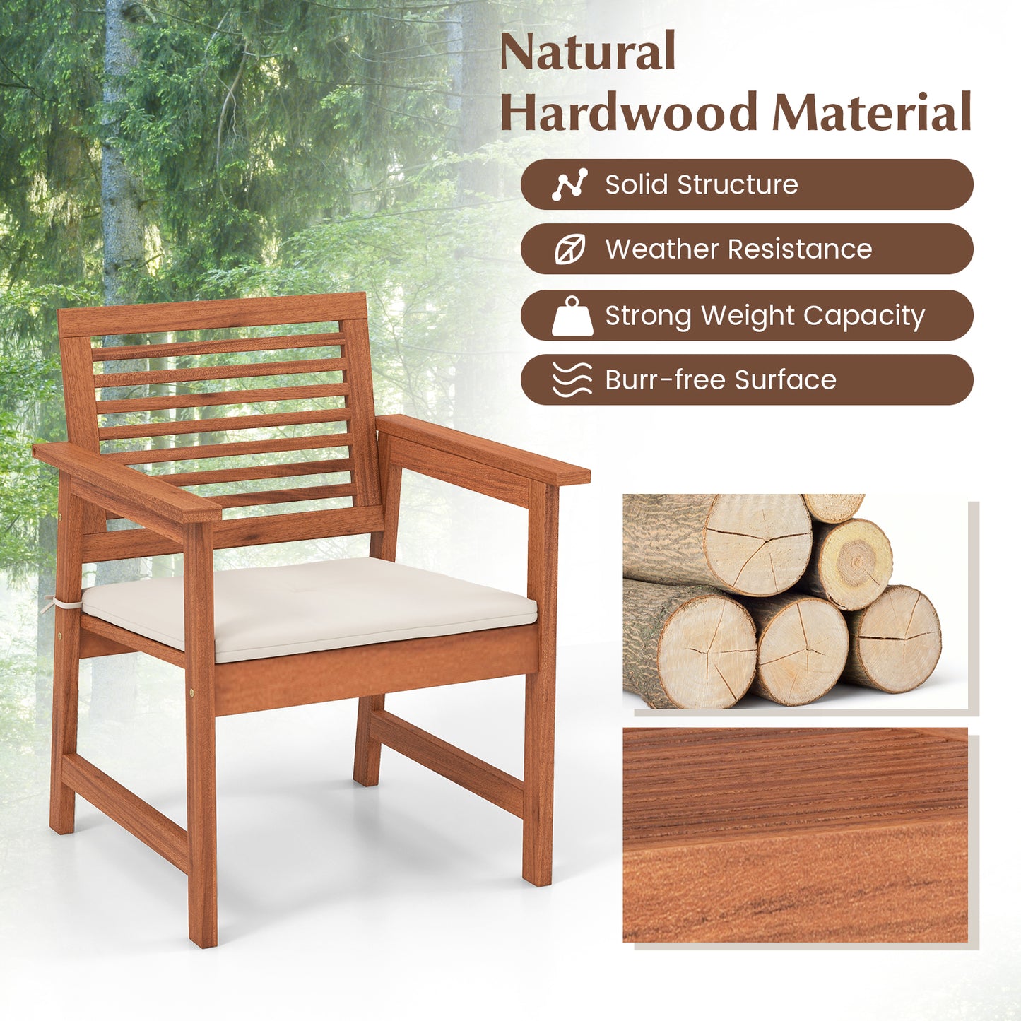 Solid Wood Patio Dining Chairs with Cushions, Set of 2