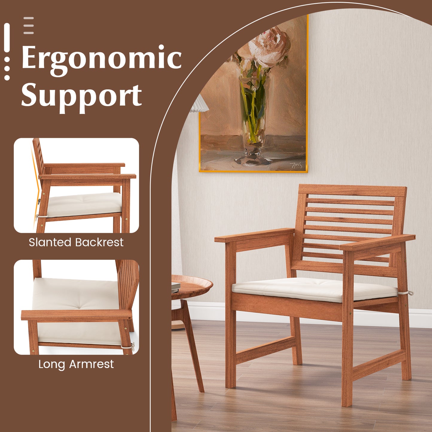 Solid Wood Patio Dining Chairs with Cushions, Set of 2