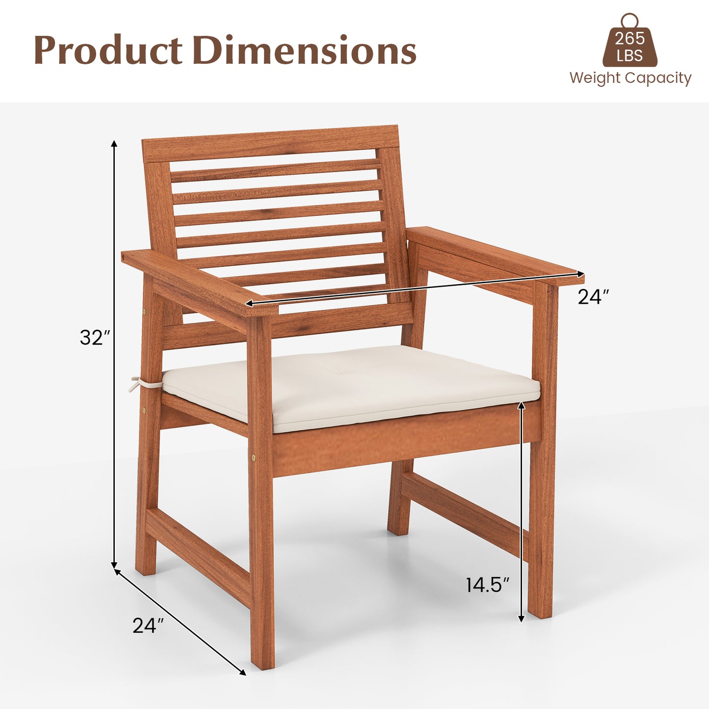 Solid Wood Patio Dining Chairs with Cushions, Set of 2