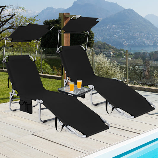 Reclining Outdoor Chaise Lounge Chair with Canopy - Set of 2