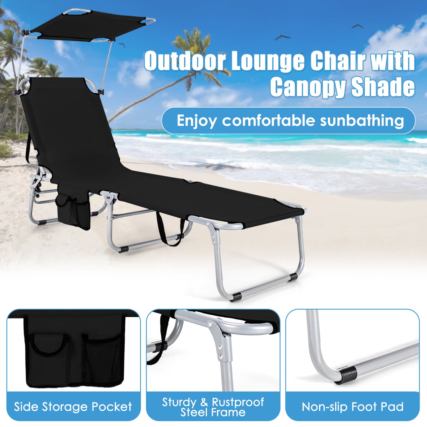 Reclining Outdoor Chaise Lounge Chair with Canopy - Set of 2