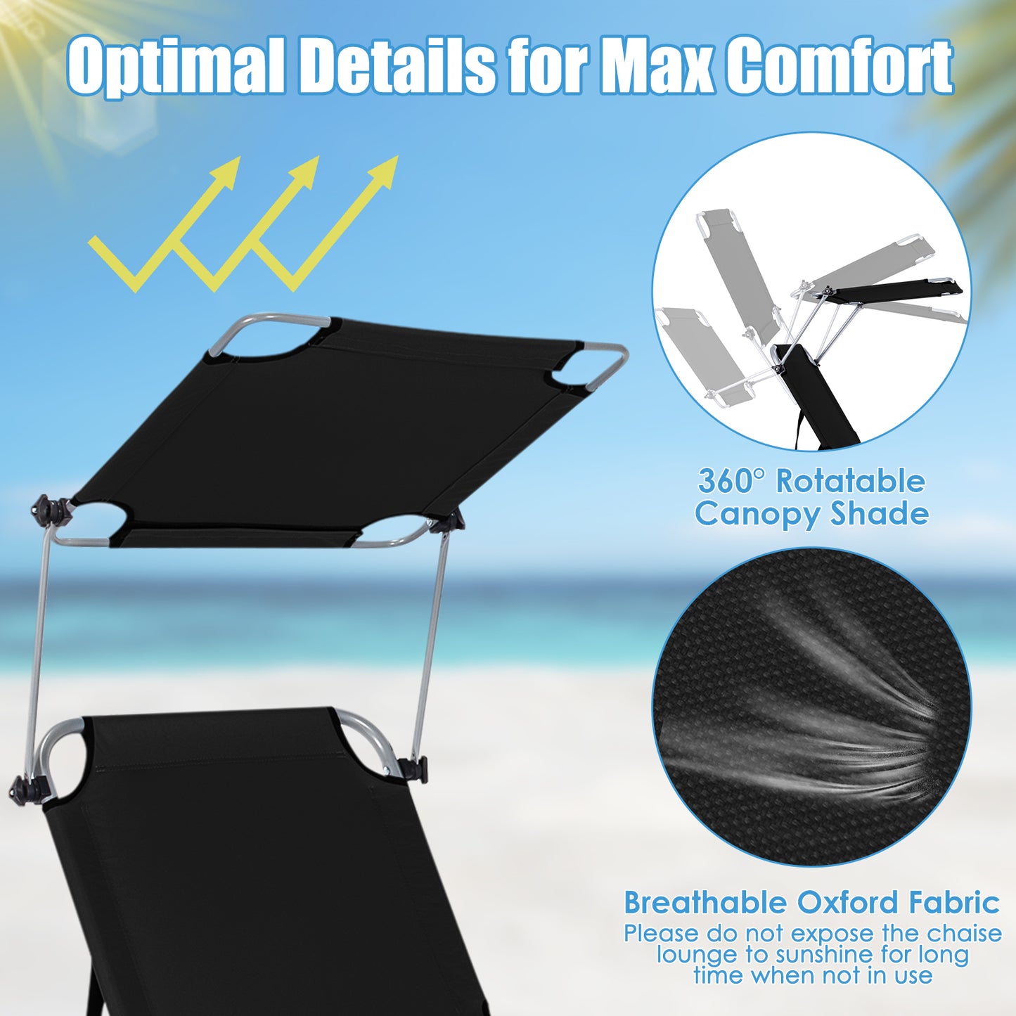 Reclining Outdoor Chaise Lounge Chair with Canopy - Set of 2