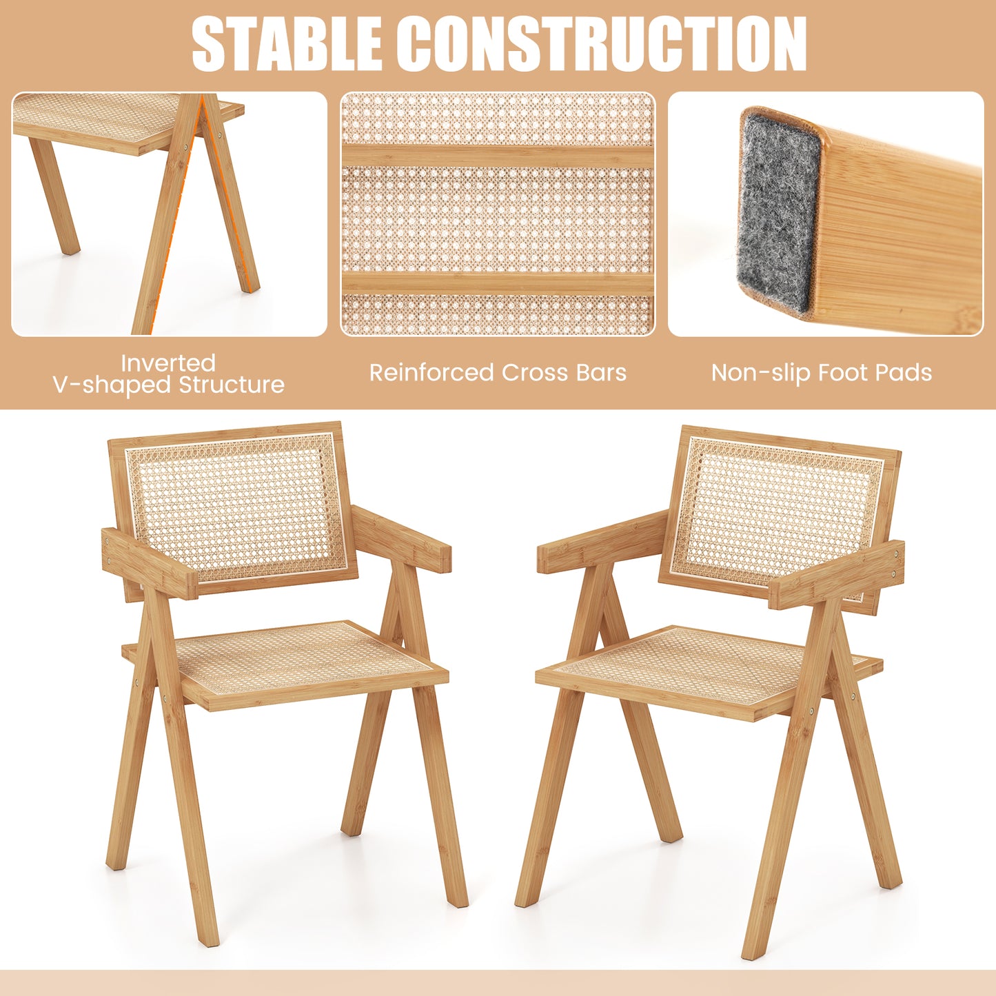 Rattan Accent Chairs Set of 2 with Bamboo Frame