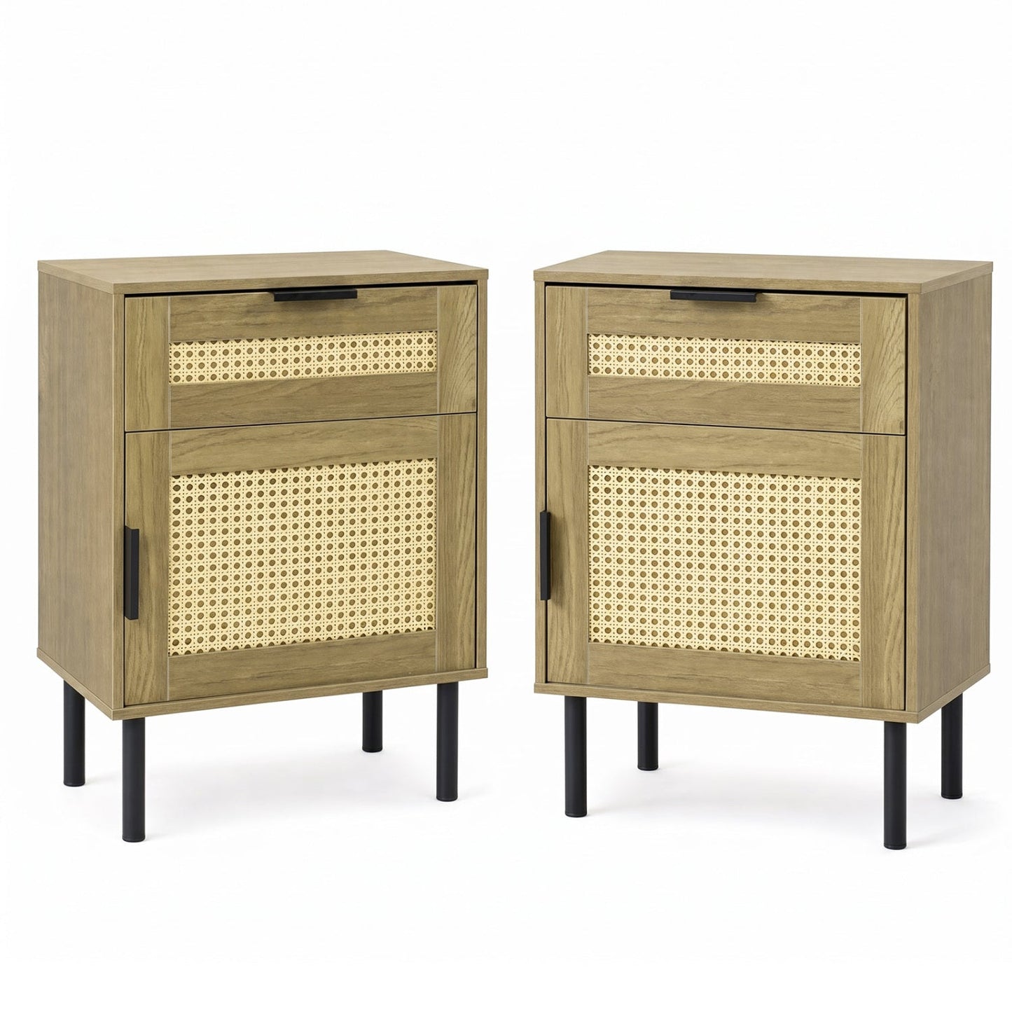 Rattan Nightstand Set of 2 with Drawer and Storage Cabinet