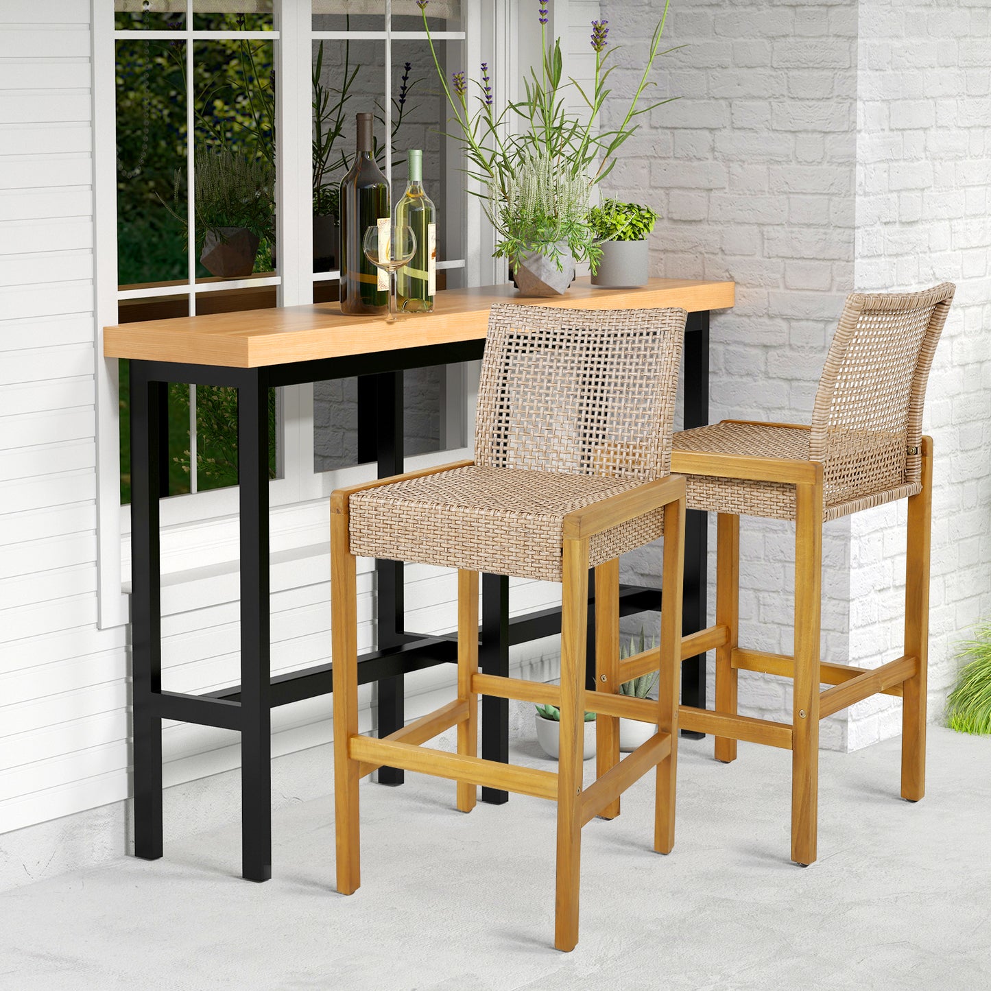 Rattan Patio Bar Stools Set of 2 with Backrest