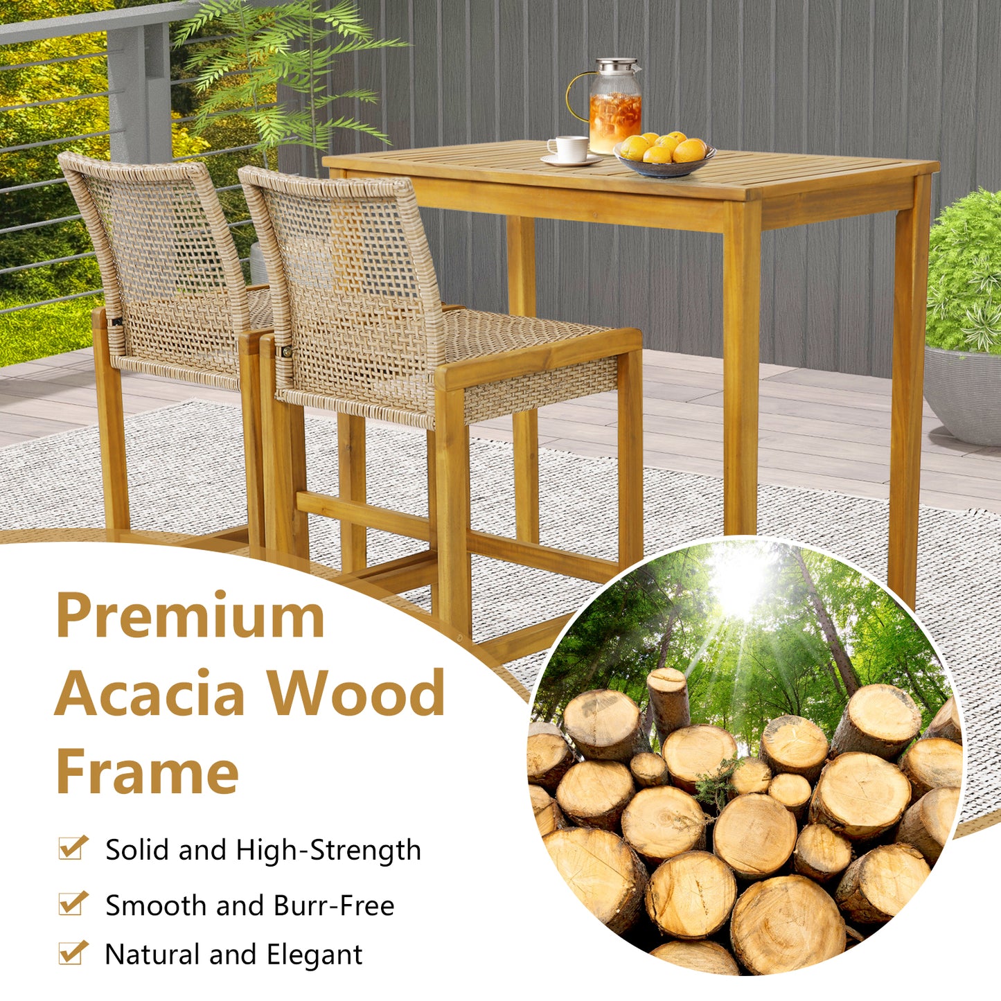 Rattan Patio Bar Stools Set of 2 with Backrest