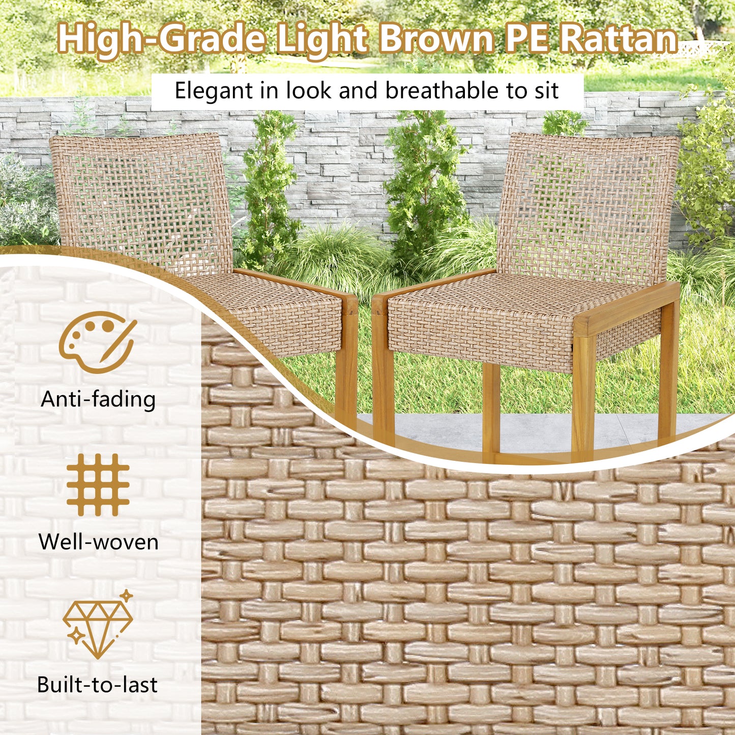 Rattan Patio Bar Stools Set of 2 with Backrest