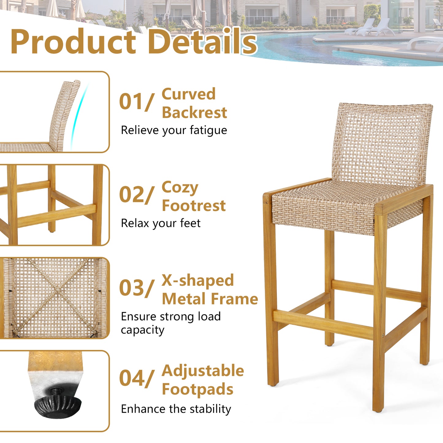 Rattan Patio Bar Stools Set of 2 with Backrest