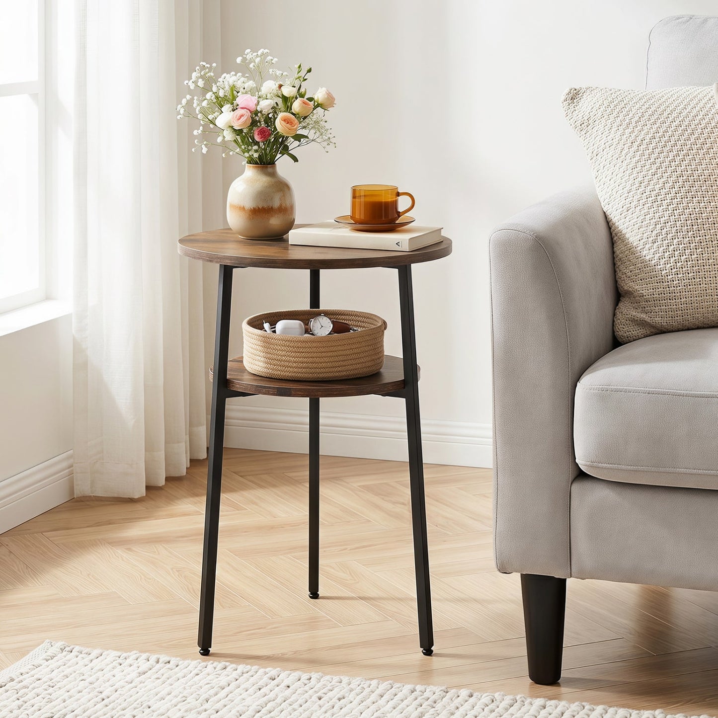 Round Side Table Set with Storage Shelf - Rustic Brown