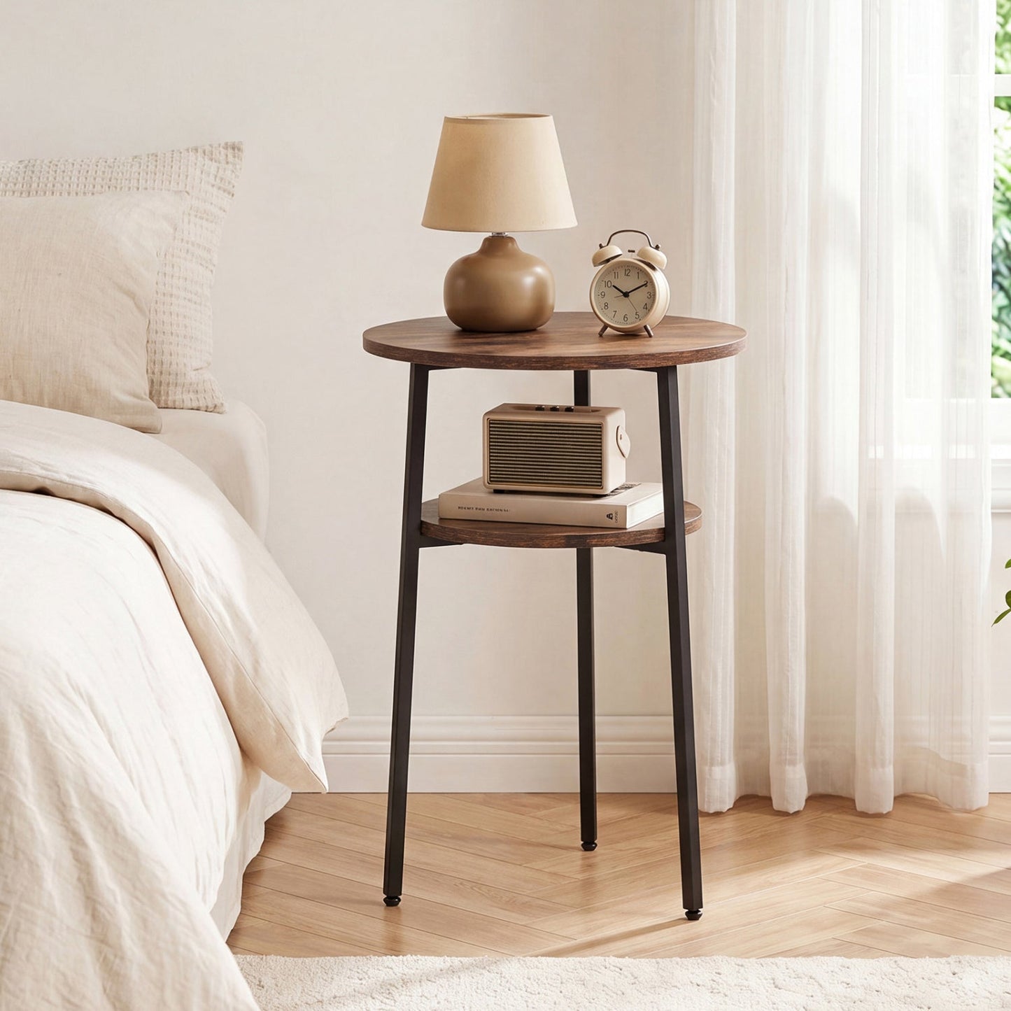 Round Side Table Set with Storage Shelf - Rustic Brown