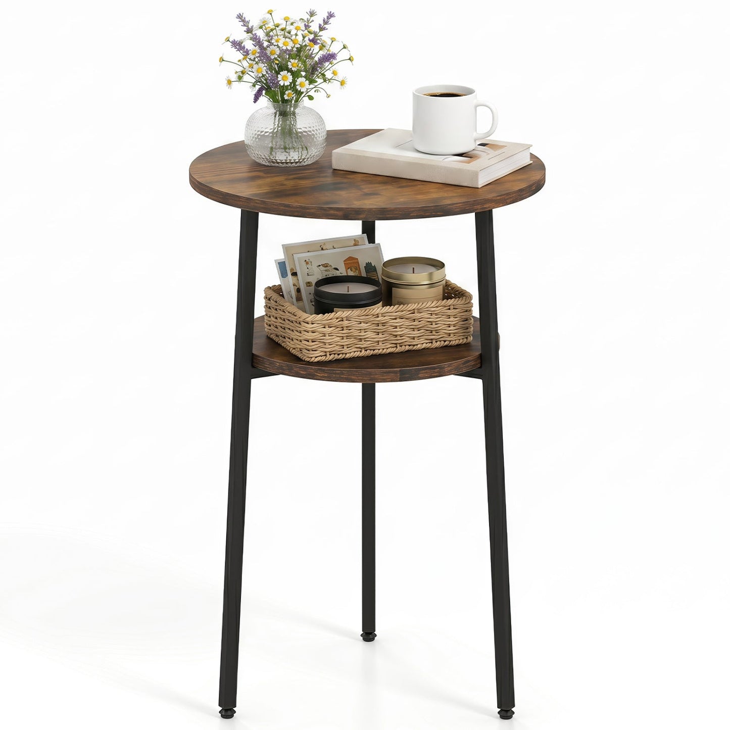 Round Side Table Set with Storage Shelf - Rustic Brown