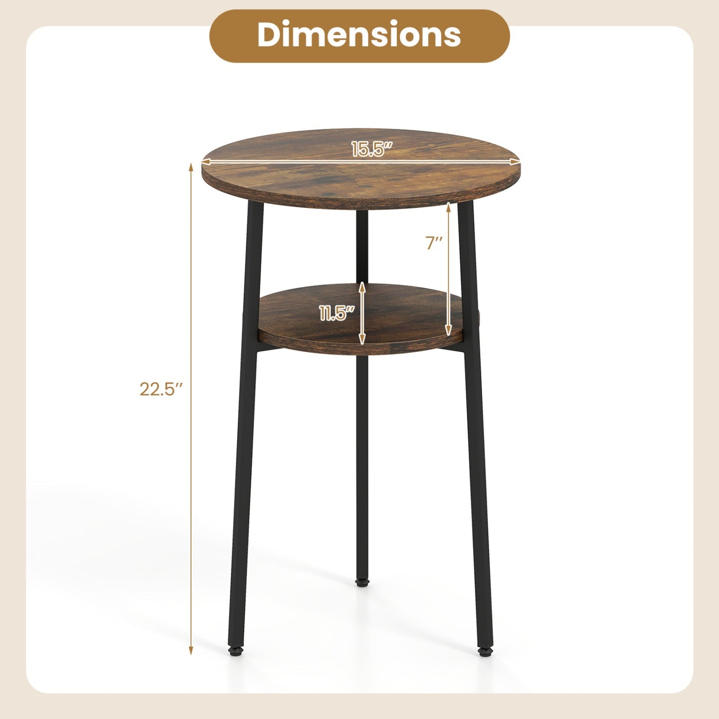 Round Side Table Set with Storage Shelf - Rustic Brown