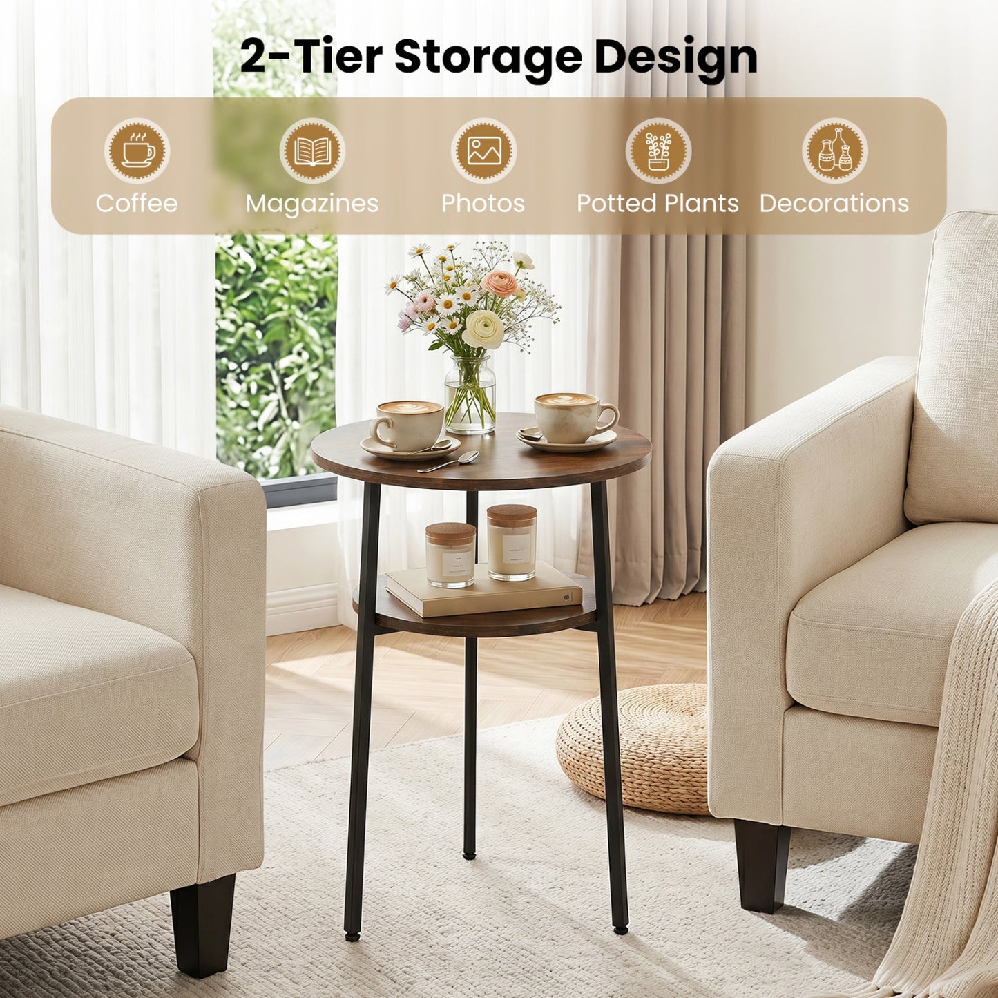 Round Side Table Set with Storage Shelf - Rustic Brown