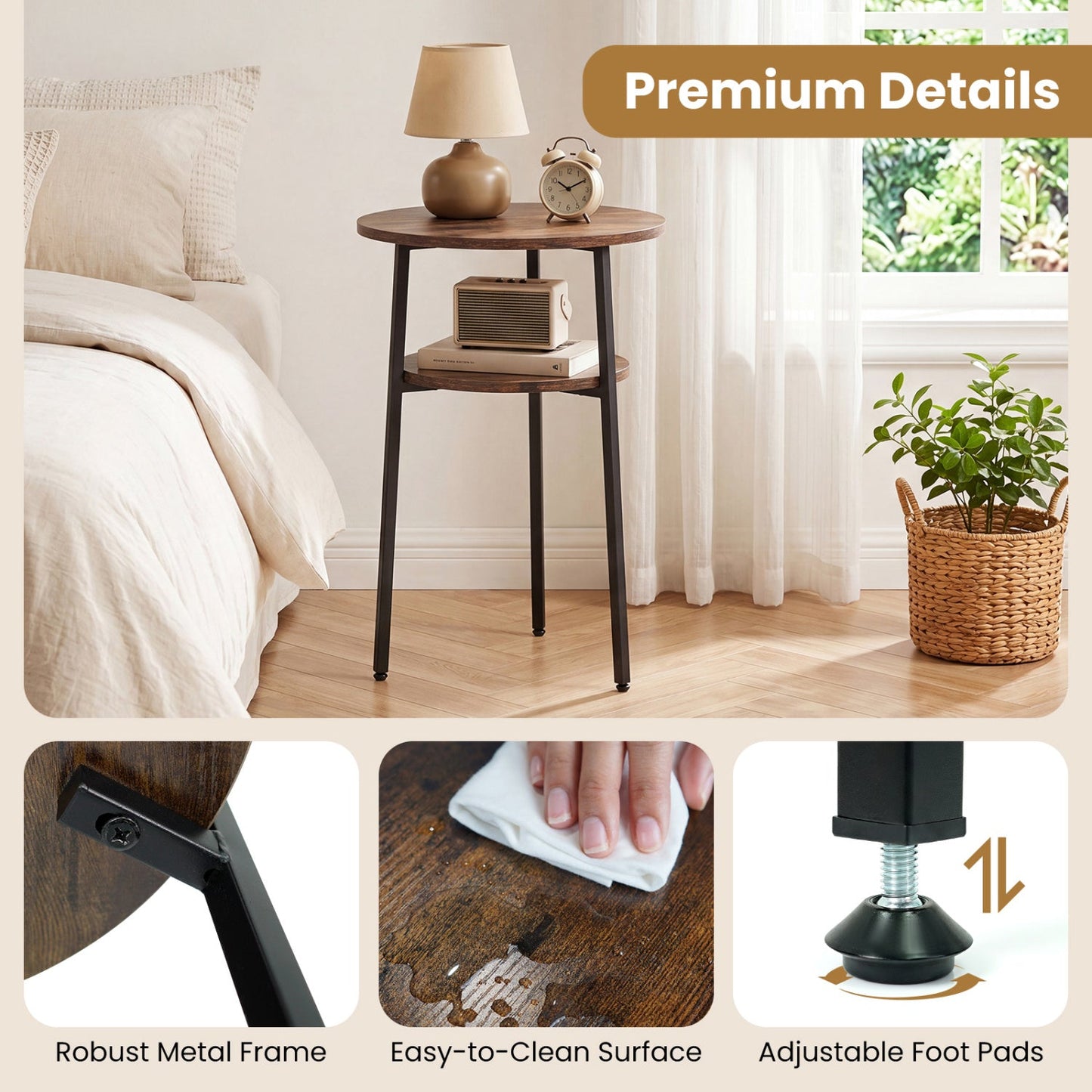 Round Side Table Set with Storage Shelf - Rustic Brown