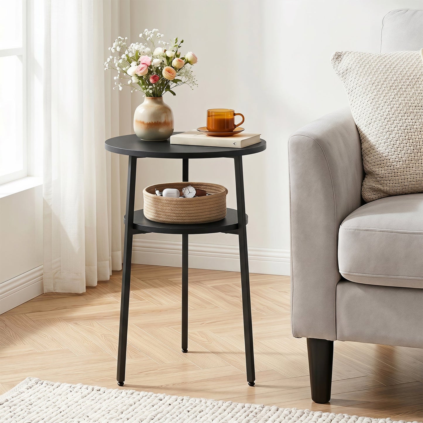 Round Side Table Set with Storage Shelf - Rustic Brown