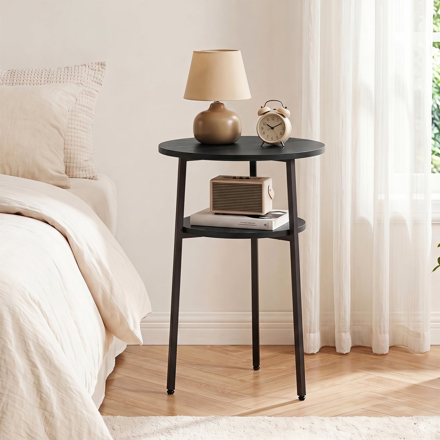 Round Side Table Set with Storage Shelf - Rustic Brown