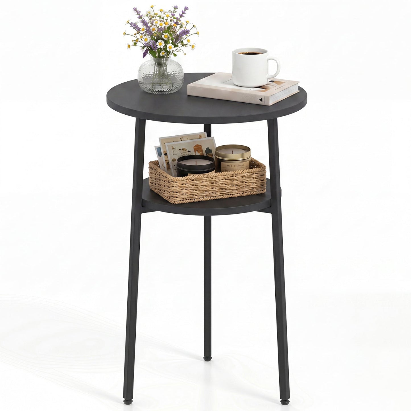Round Side Table Set with Storage Shelf - Rustic Brown