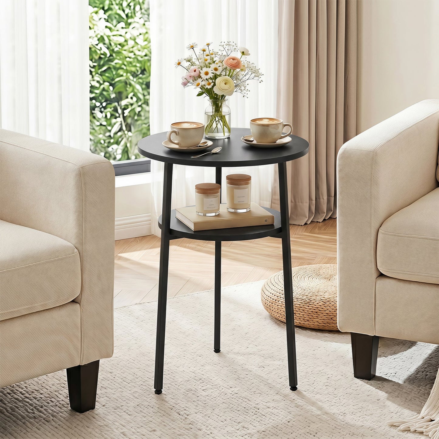 Round Side Table Set with Storage Shelf - Rustic Brown