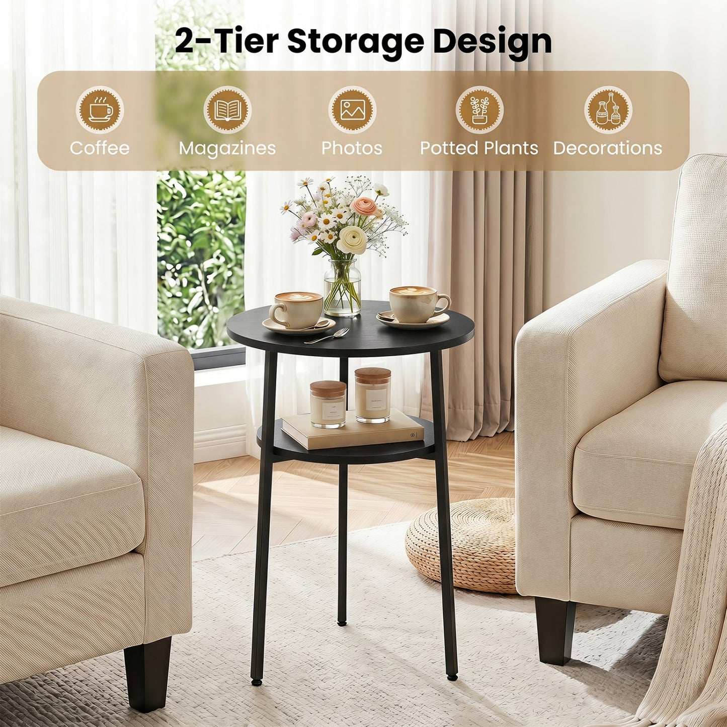 Round Side Table Set with Storage Shelf - Rustic Brown