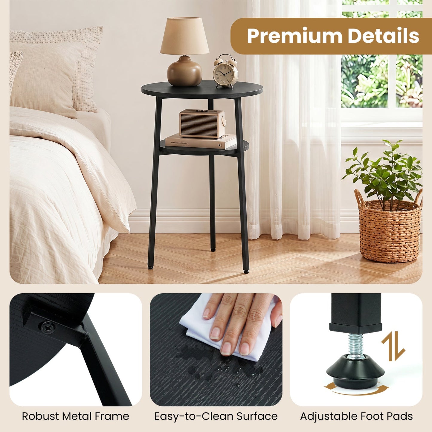 Round Side Table Set with Storage Shelf - Rustic Brown