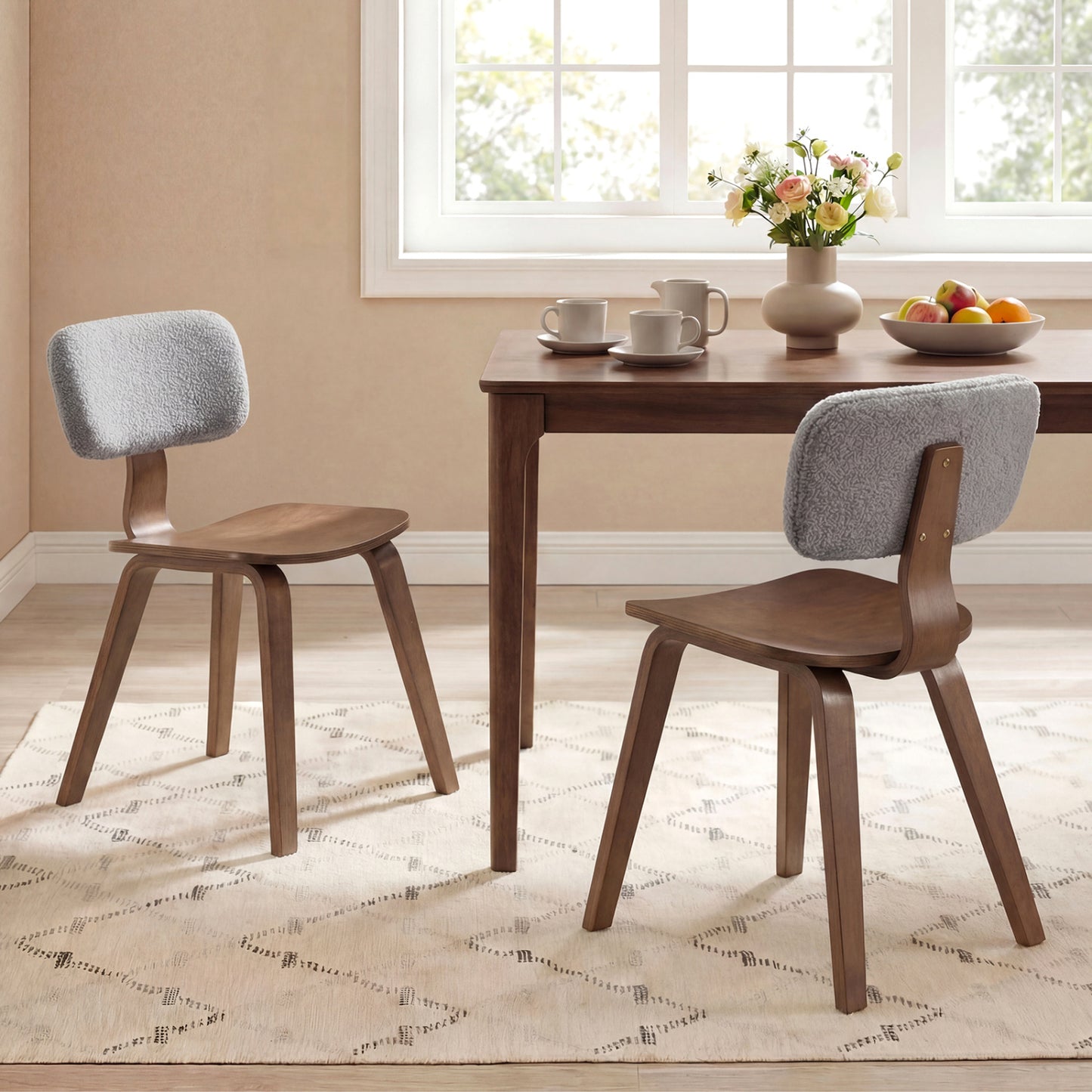 Rubber Wood Dining Chairs with Teddy Velvet Backrest, Set of 2