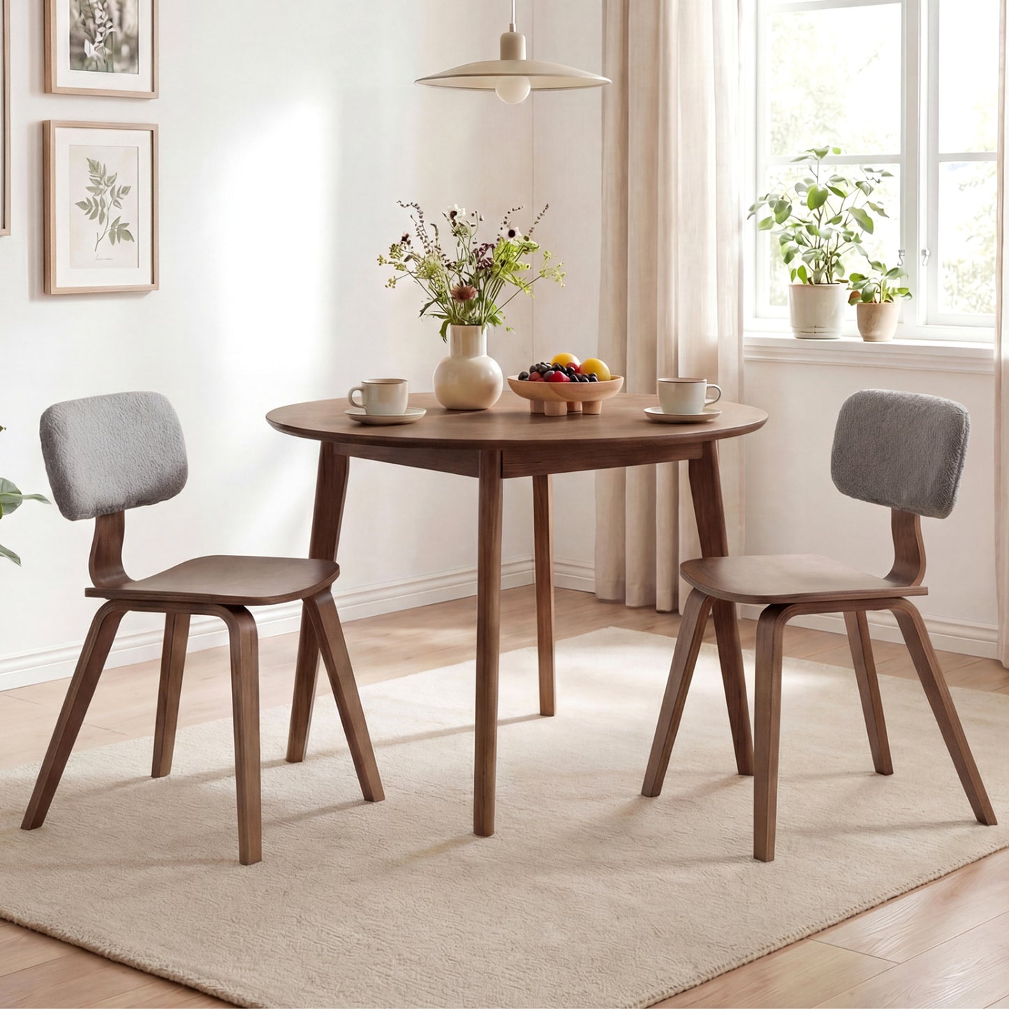 Rubber Wood Dining Chairs with Teddy Velvet Backrest, Set of 2