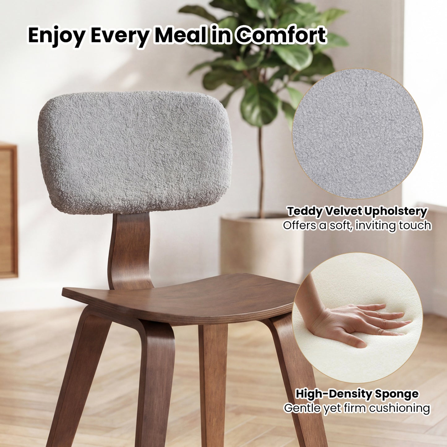 Rubber Wood Dining Chairs with Teddy Velvet Backrest, Set of 2