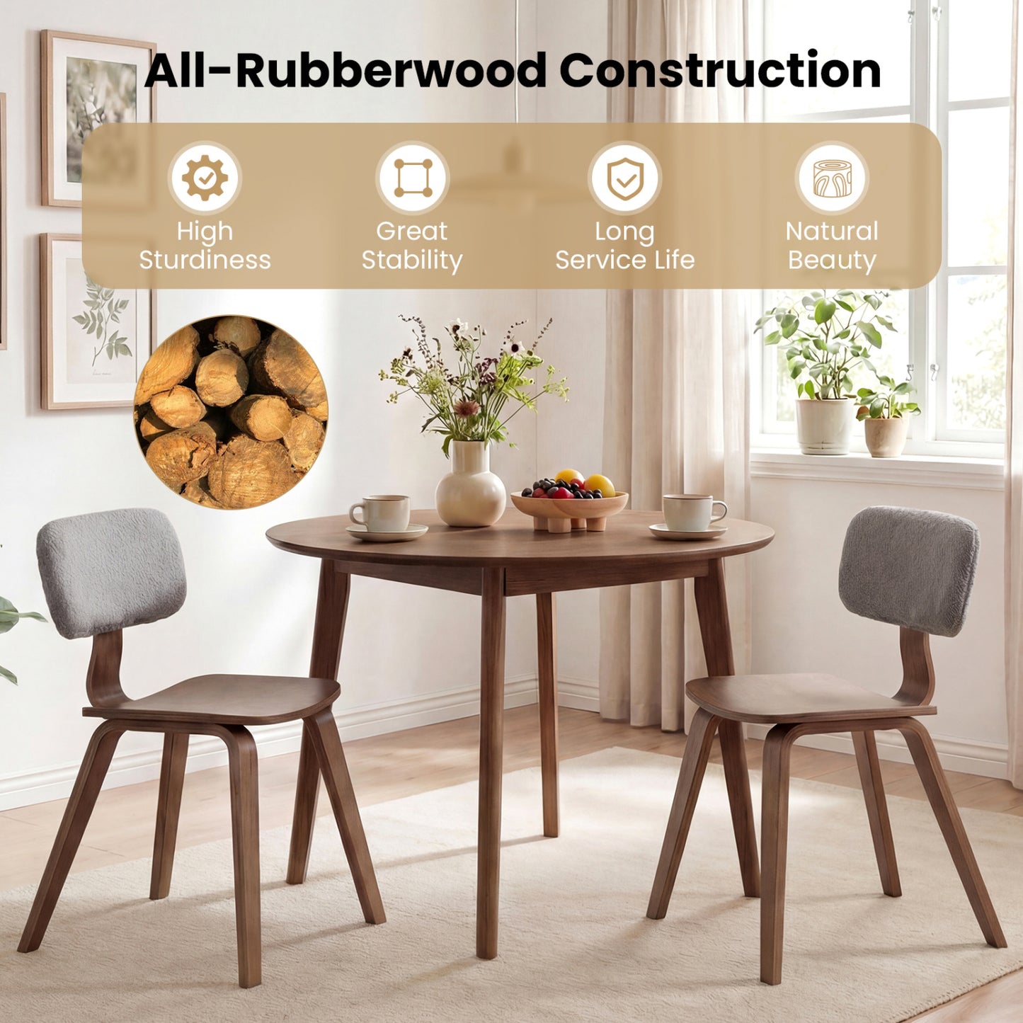 Rubber Wood Dining Chairs with Teddy Velvet Backrest, Set of 2