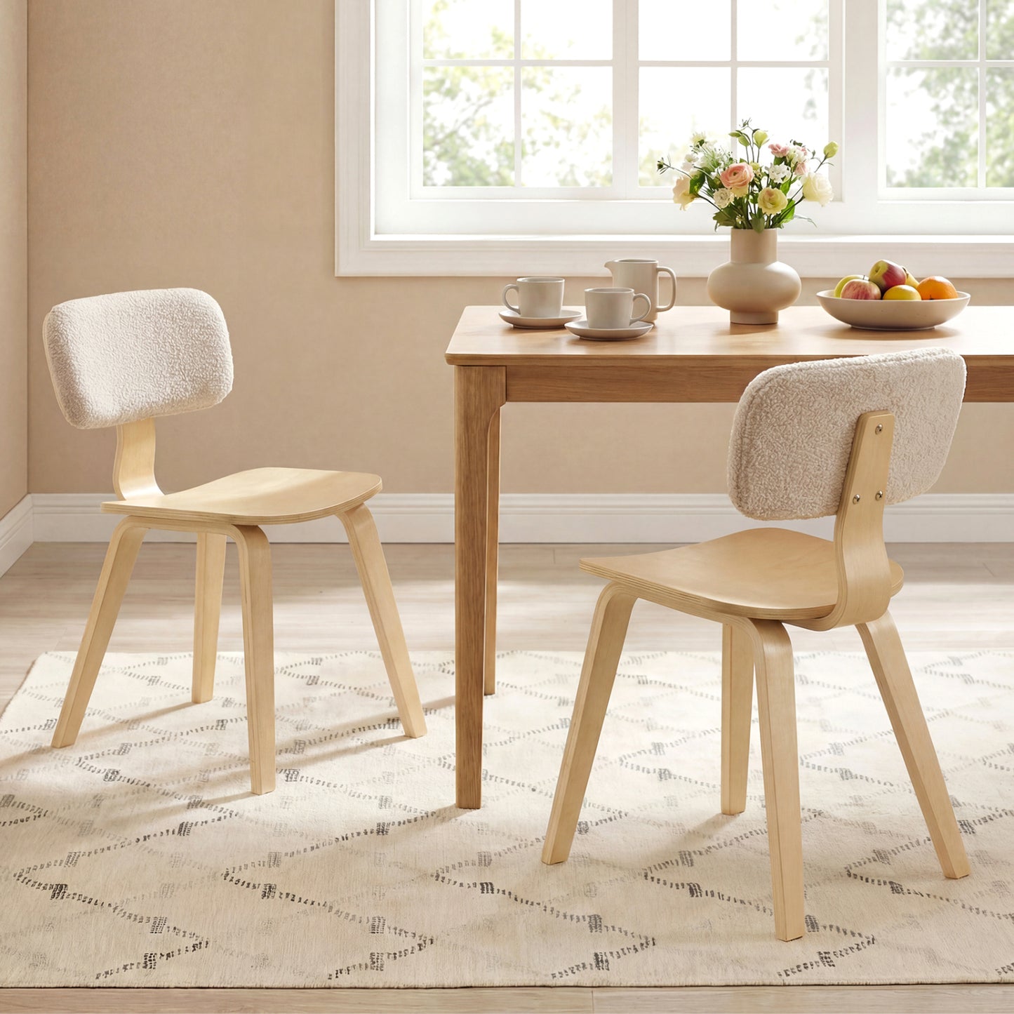 Rubber Wood Dining Chairs with Teddy Velvet Backrest, Set of 2