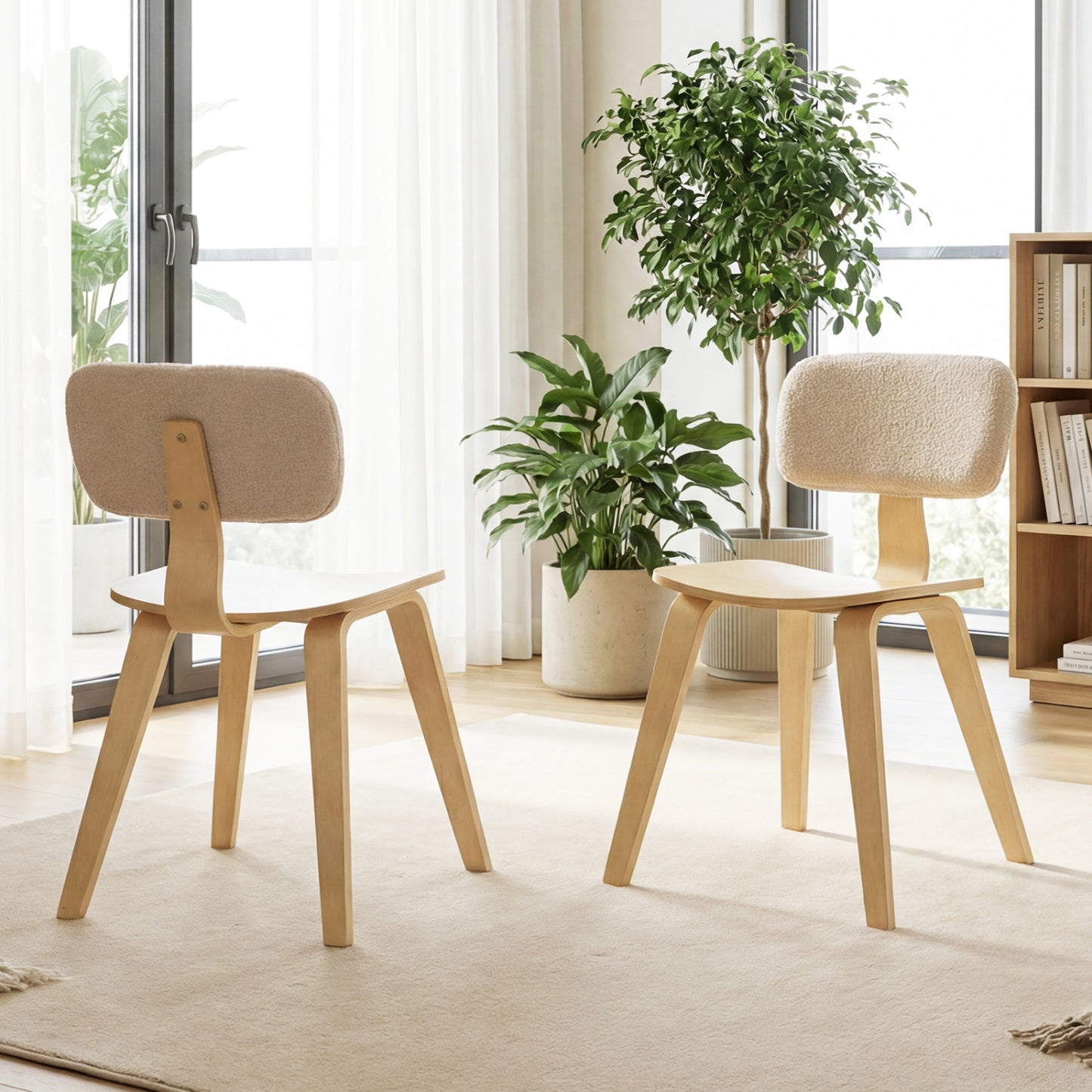 Rubber Wood Dining Chairs with Teddy Velvet Backrest, Set of 2