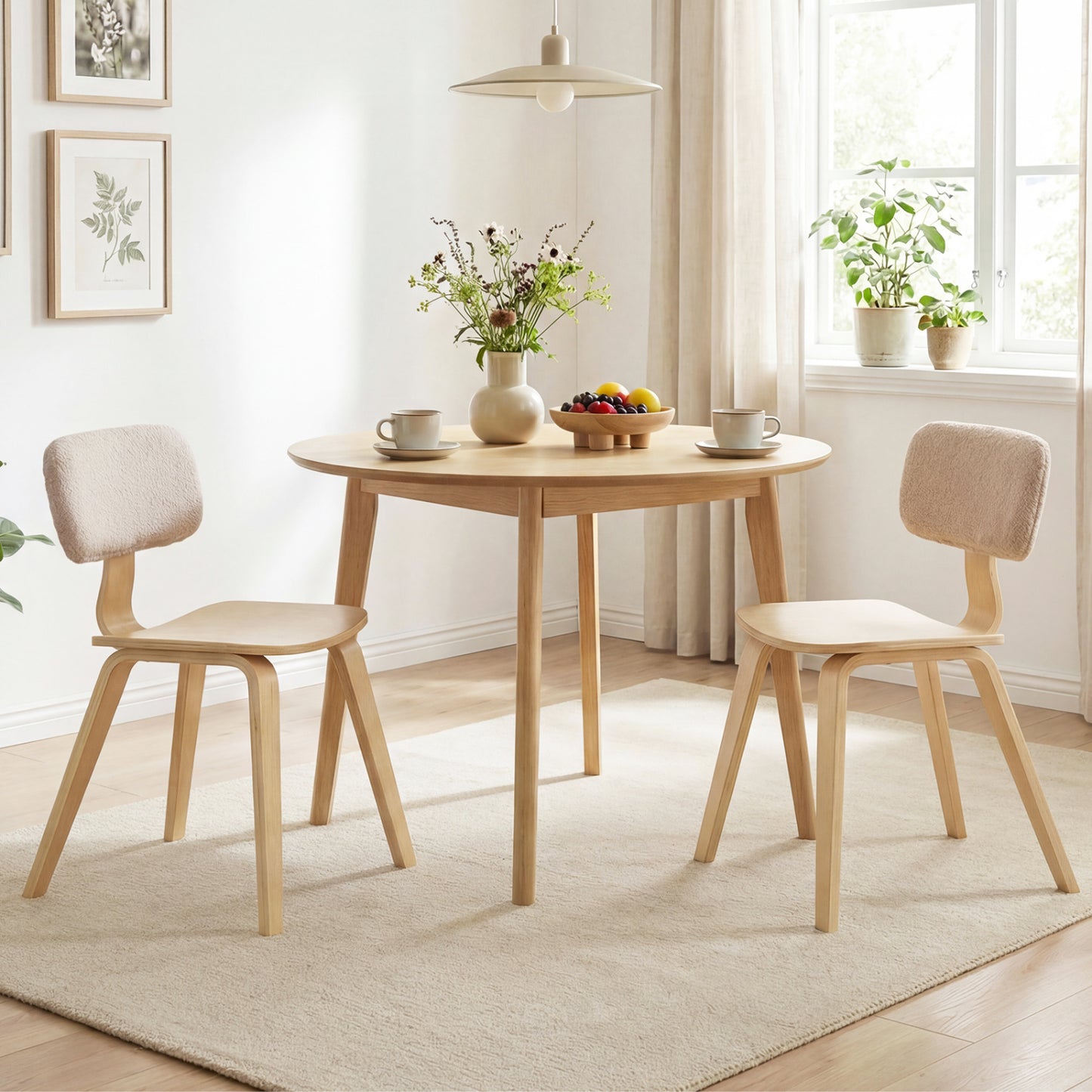 Rubber Wood Dining Chairs with Teddy Velvet Backrest, Set of 2