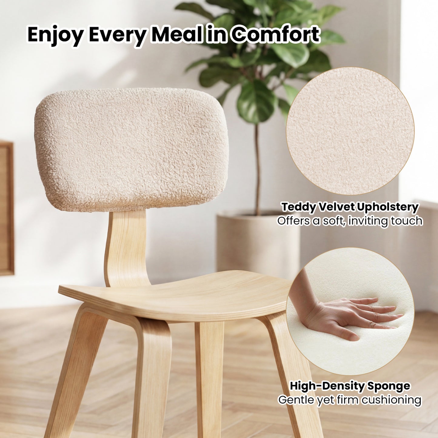 Rubber Wood Dining Chairs with Teddy Velvet Backrest, Set of 2