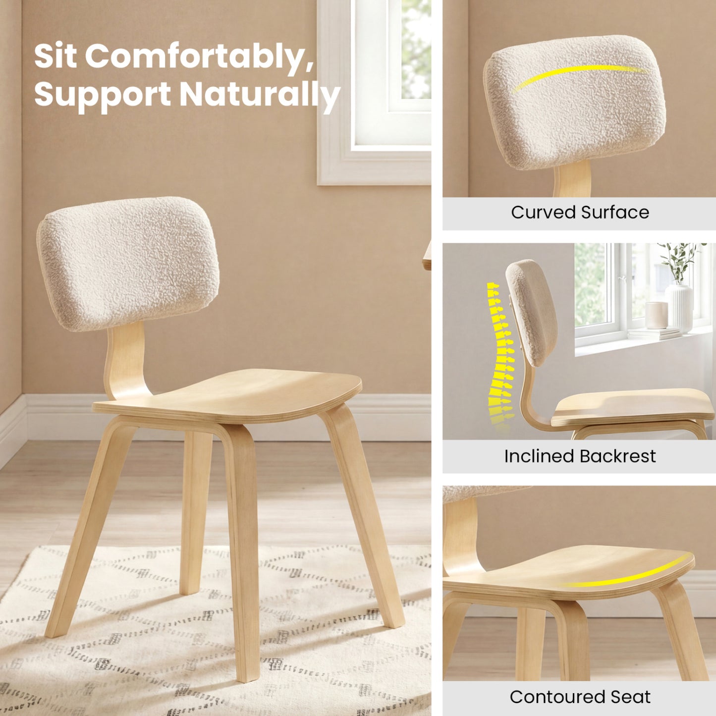 Rubber Wood Dining Chairs with Teddy Velvet Backrest, Set of 2