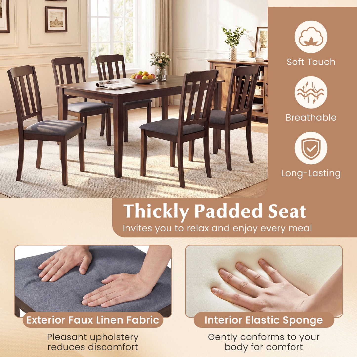 Rubber Wood Dining Chairs Set of 2 with Padded Seats